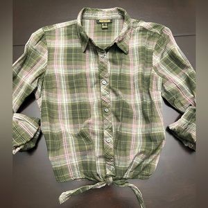 Army green and pink flannel button down shirt